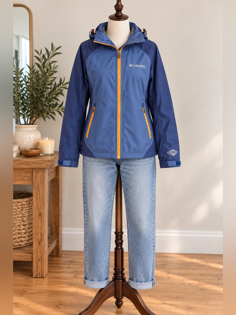 Columbia Omni-Tech Rain Jacket M Blue Orange Waterproof Hooded Hiking Gorpcore